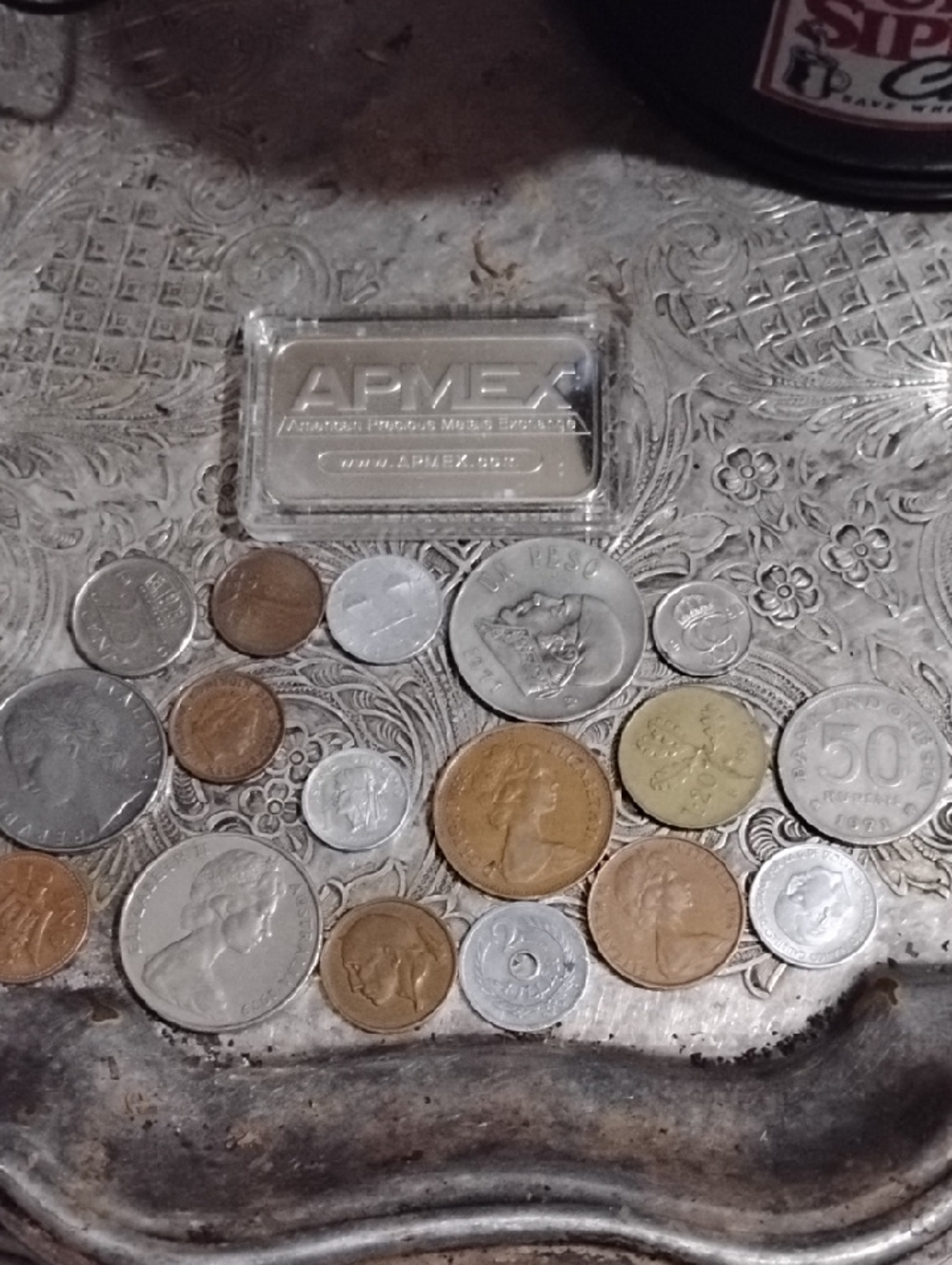 APMEX Silver Bar and Assorted World Coins over 50 Years Old with Silver Content